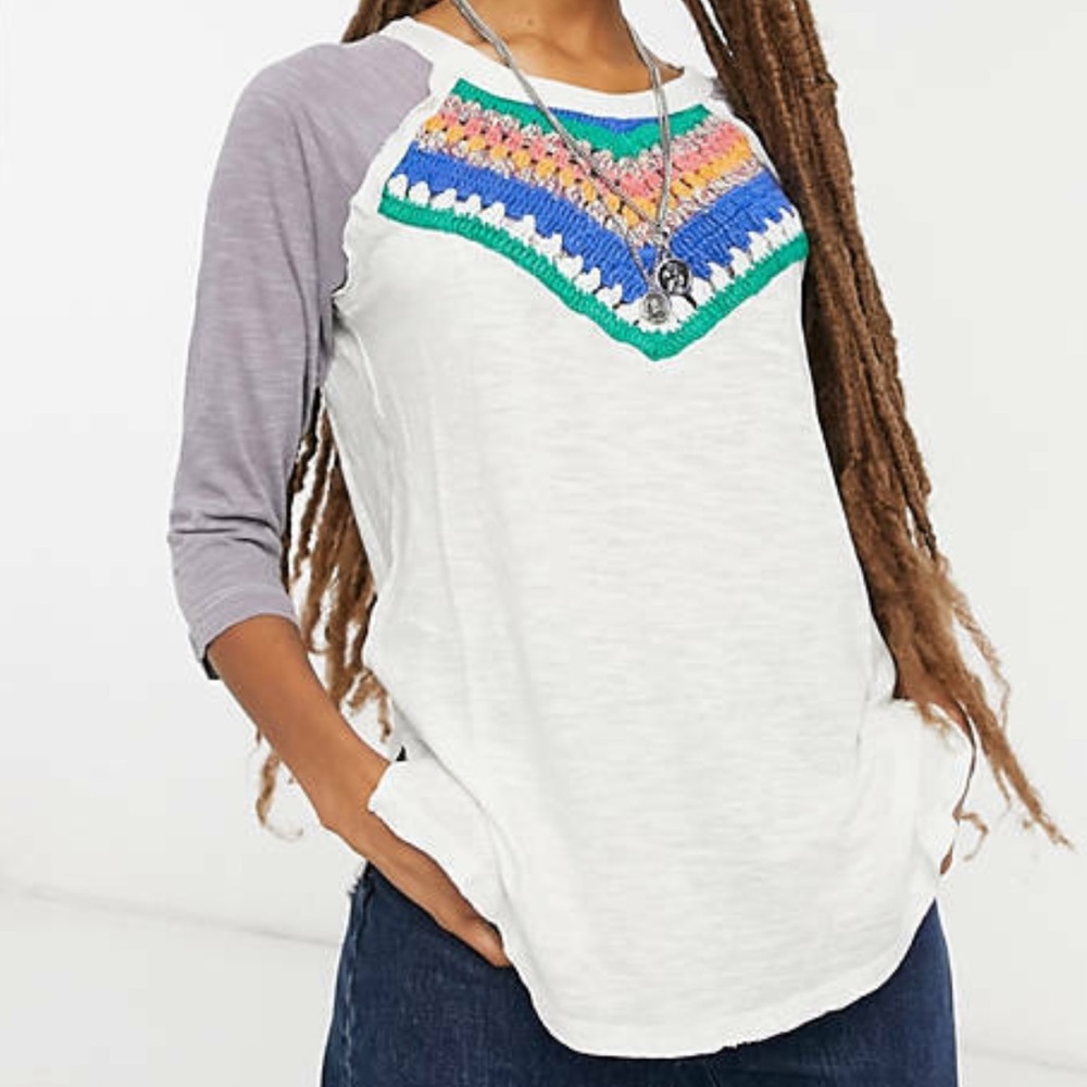 We The Free Spring Bound Crochet White Gray Baseball Tee Womens XS
